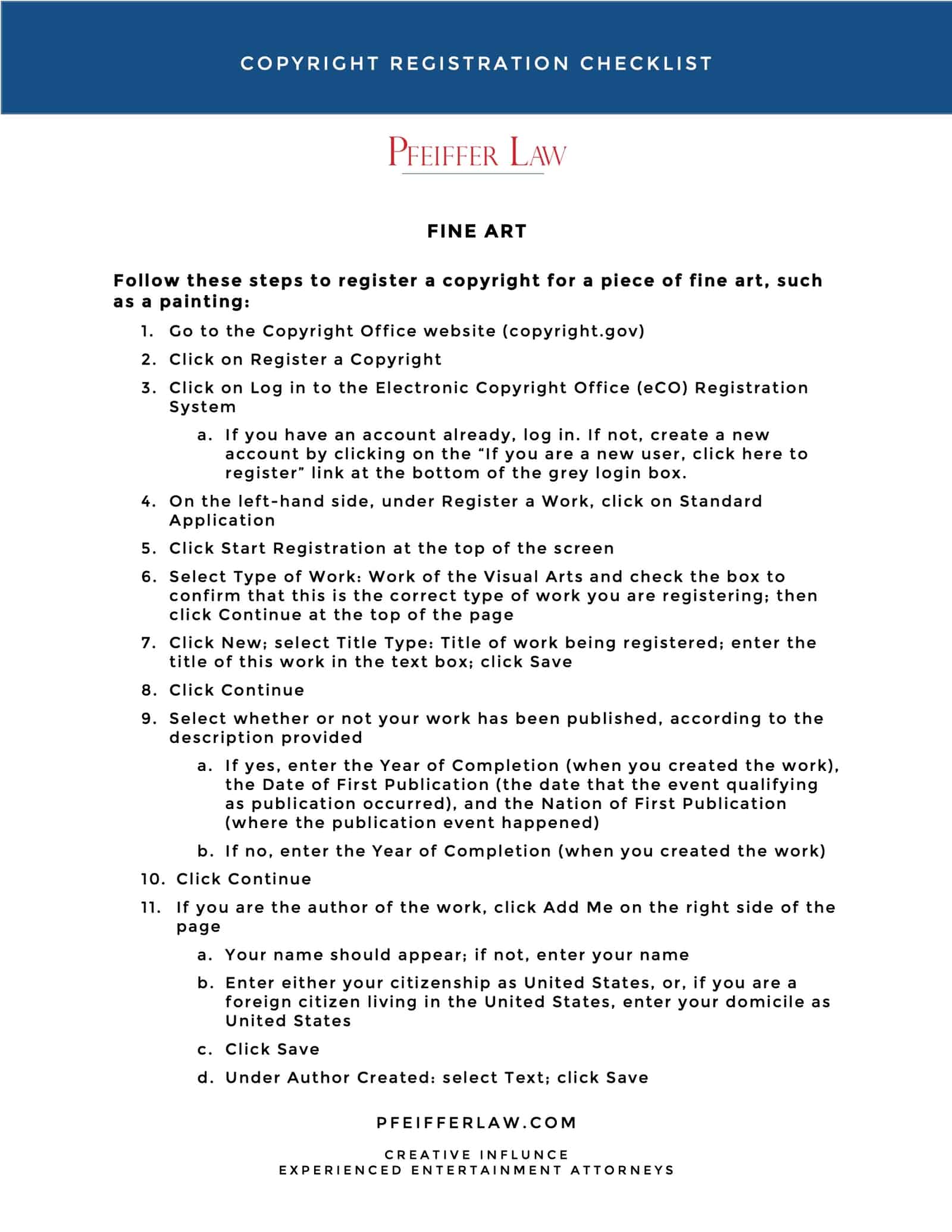 Copyright Registration Checklist Fine Art (i.e. Painting) Pfeiffer Law